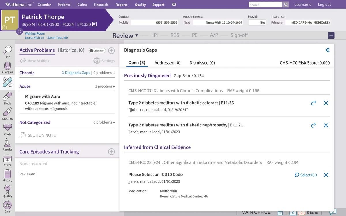 athenaOne patient chart showing active problems and diagnosis gaps