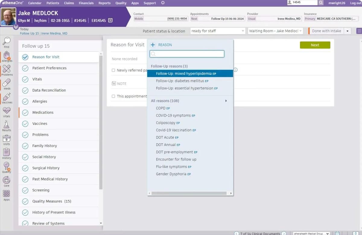 athenaOne encounter screen with reason-for-visit and clinical review sections