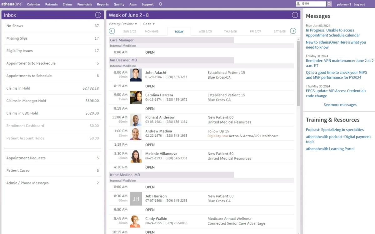 athenaOne inbox with claim holds, eligibility issues and the weekly schedule
