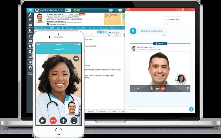 eClinicalWorks healow TeleVisits session next to the patient chart