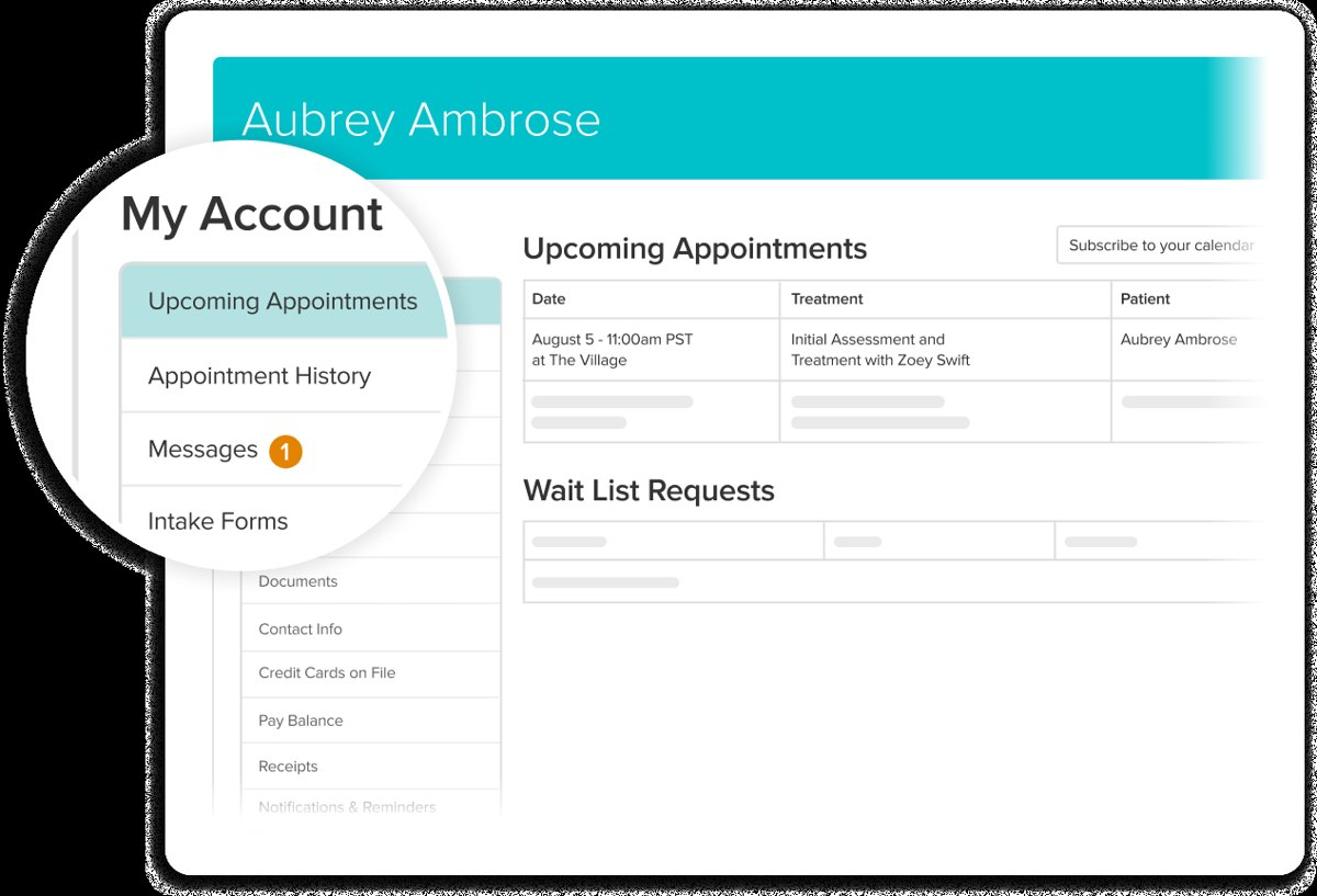 Jane App client portal dashboard listing upcoming appointments and account options
