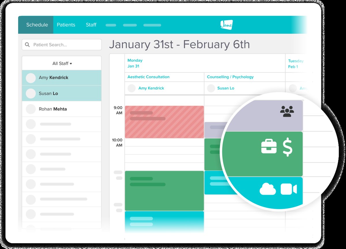 Jane App weekly calendar showing appointments across clinicians