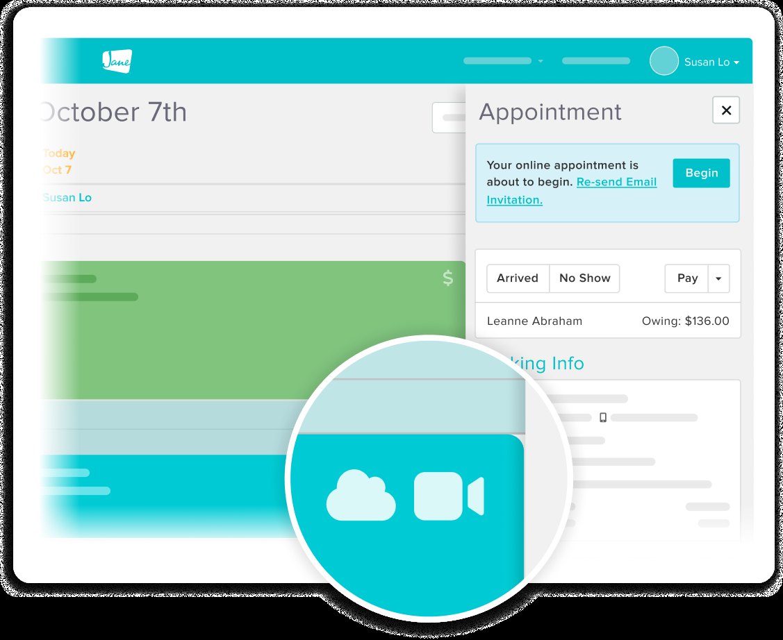 Jane App schedule showing online telehealth appointments alongside in-person visits