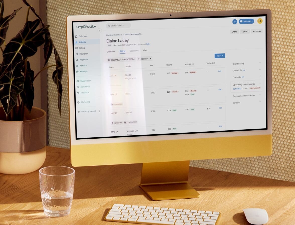 SimplePractice client record with session history and billing detail