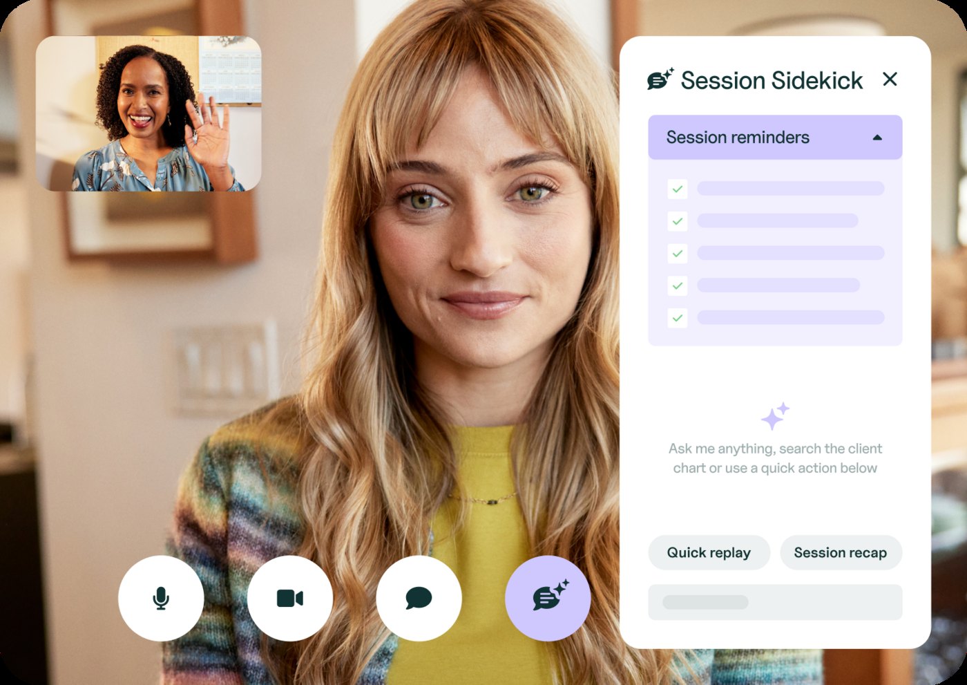 SimplePractice telehealth session with the AI session assistant panel open