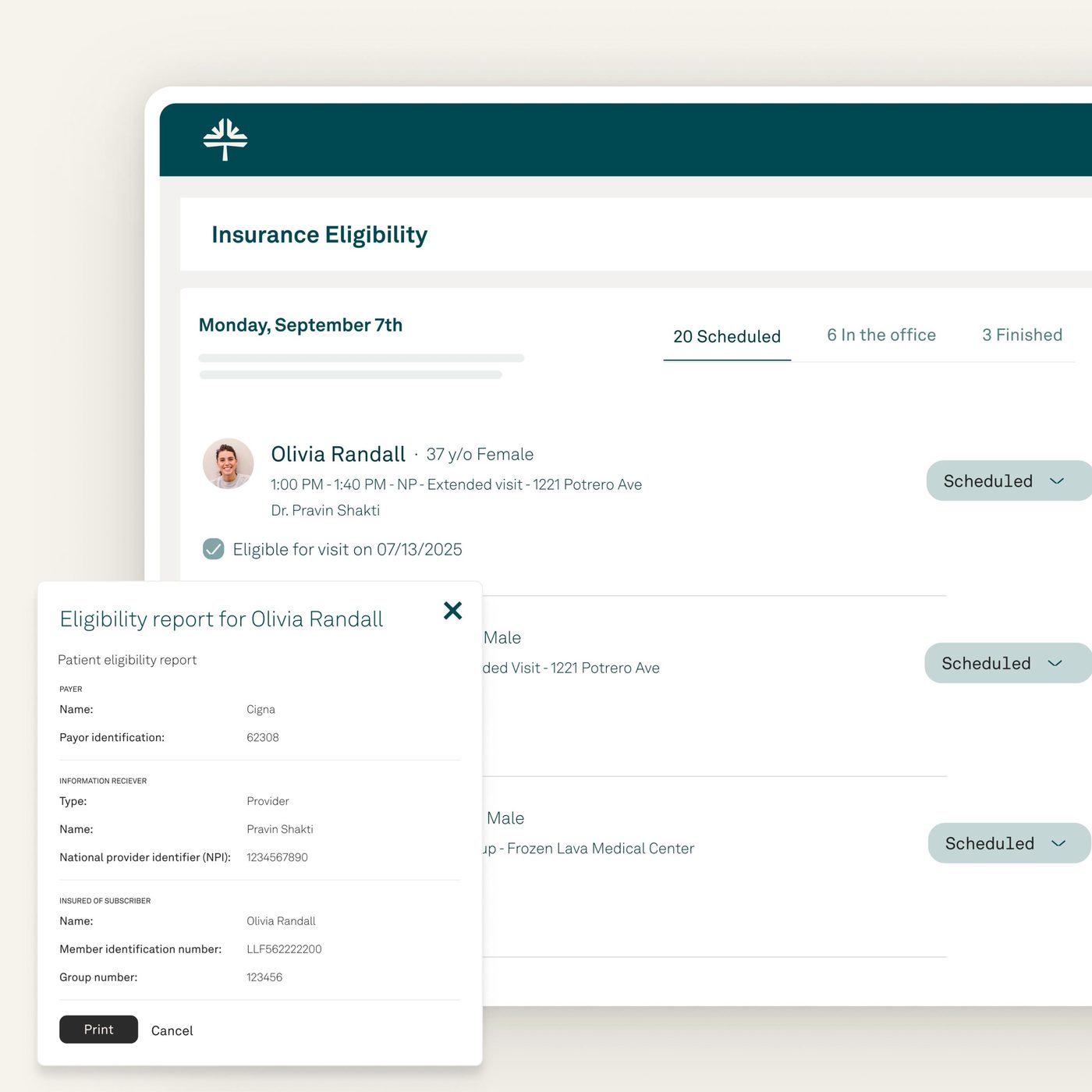 Tebra insurance eligibility screen showing a patient eligibility report