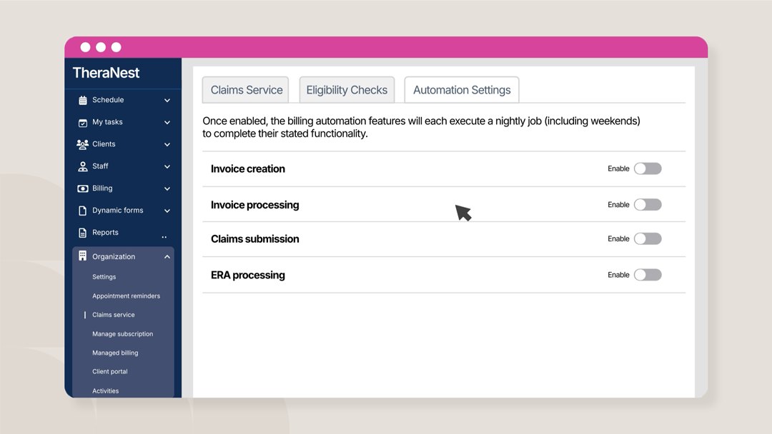 TheraNest billing and claims workflow screen