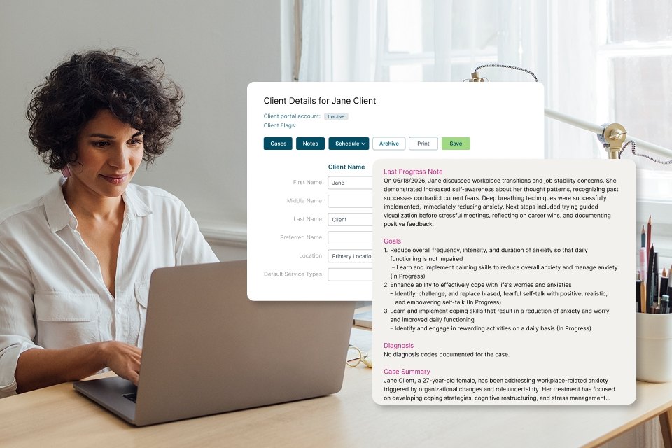 TheraNest client record with progress note, goals and case summary