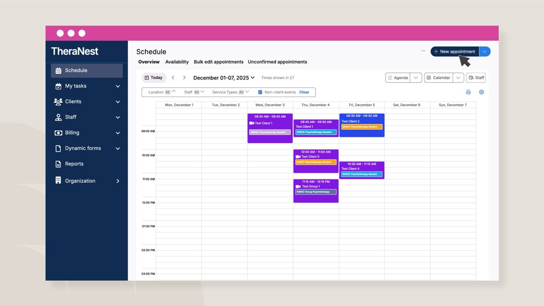 TheraNest calendar showing therapy appointments across clinicians